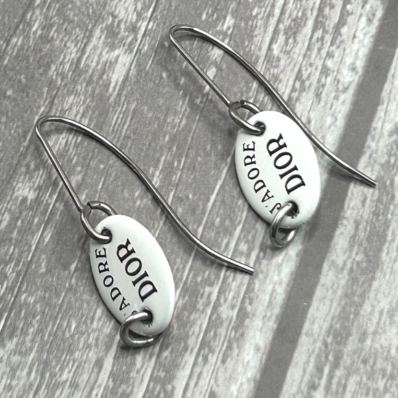 SOLD❤️ DIOR VTG Y2K “J’adore Dior” Galliano Era Pierced Dangle Earrings Silver - Picture 2 of 8